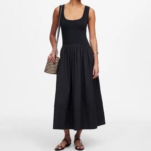 NWT Madewell Women's XXS Black Mixed Poplin Scoopneck Maxi Dress